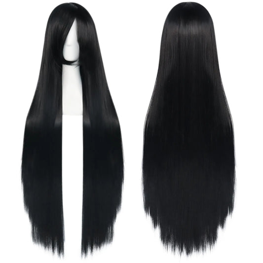 38inch Synthetic Super Long Silky Straight Black Cosplay Wig with Bangs for Halloween & 1pc Wig Cap