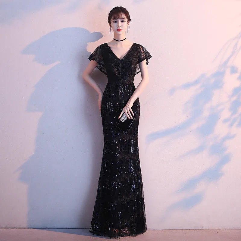 Black Evening Dresses Long Skirt Short Sleeves Mermaid Women Party Gown 2023