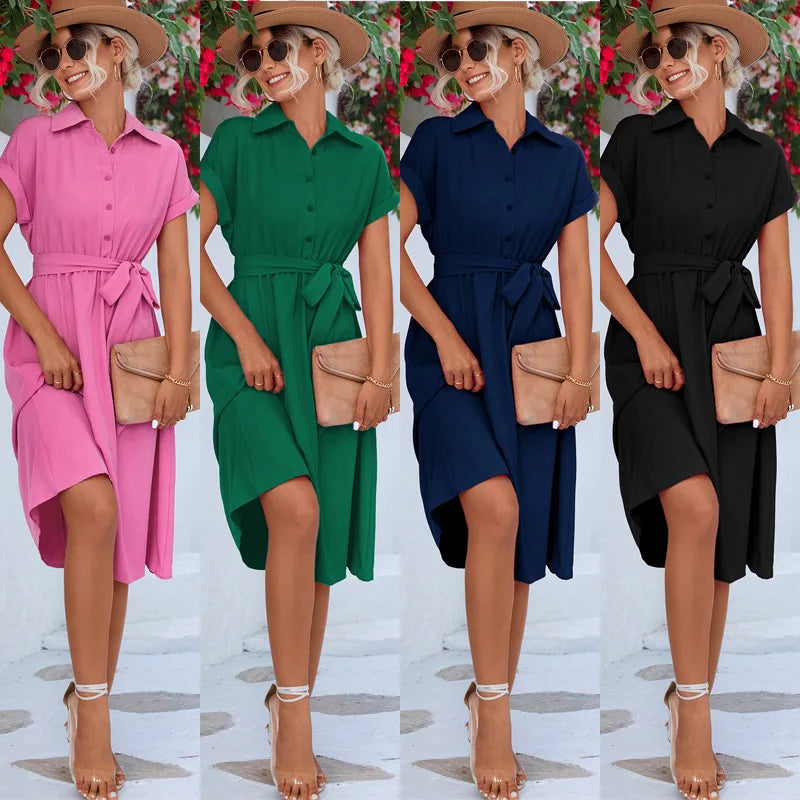 Summer New Temperament Fashion Long Dress Women Waist Tie-up Shirt Dress Streetwear Woman Clothes Elegant Evening Dresses Robe