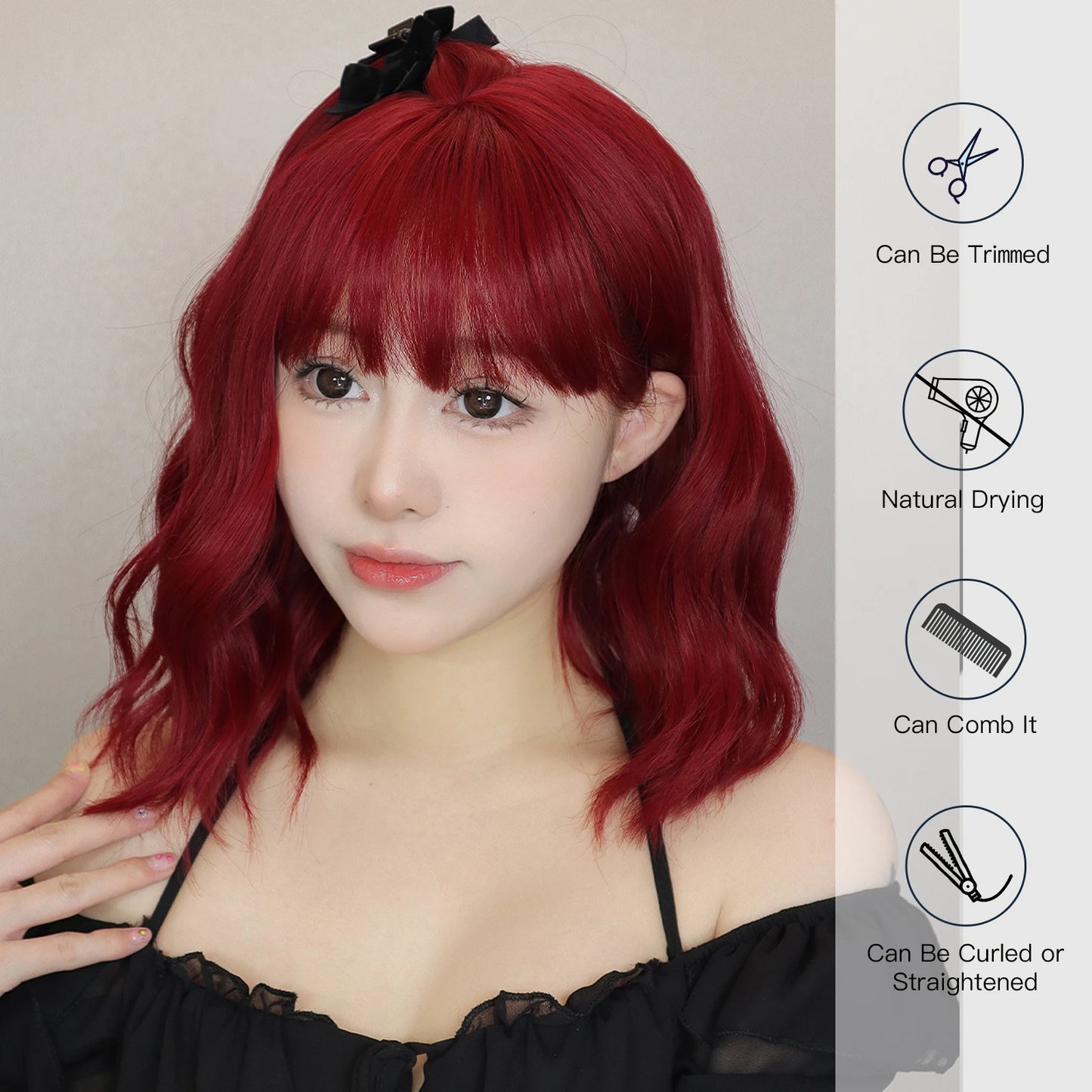 Short Curly Wavy Wigs with Bangs Deep Red Colorful Synthetic Wig Cosplay Hair for Women Party Halloween Hairs High Temperature