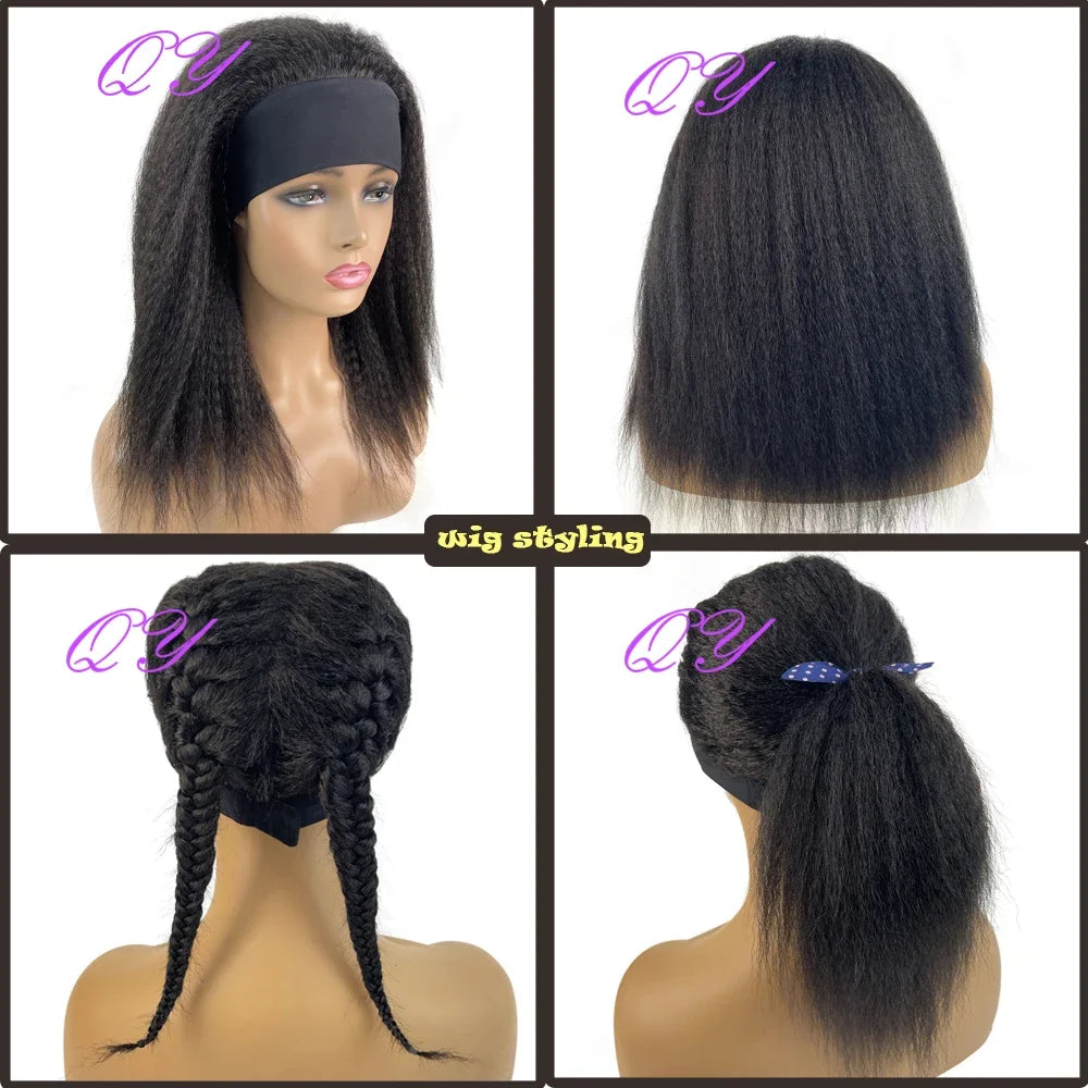 Synthetic Wig African Women Yaki Straight Headband Wigs Black Medium Length Hairstyle Women's Wig Daily Ladies Turban Wig