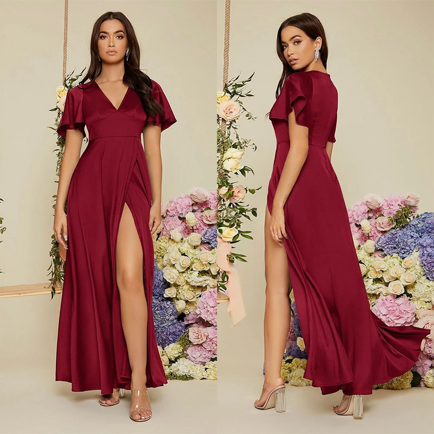 Luxury Prom Evening Dresses Long A-LINE Short Sleeve V-neck Floor-Length 2023 Chiffon Exquisite Bridesmaid Women Dress Vestidos