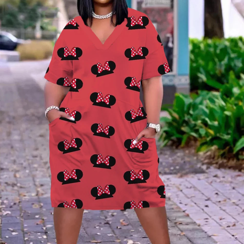 Disney Plus Size Midi Dress Long Sleeve Robe Casual Minnie Mickey Mouse Print Beach Loose Dresses Kawaii Sundress Women Clothing