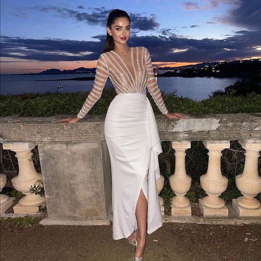 Sharon Said Dubai White Mermaid Arabic Evening Dress Long Sleeve Luxury Women for Wedding Party Midi Prom Formal Dresses SS270