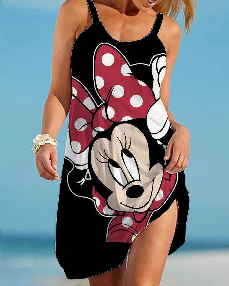 Disney Minnie Cartoon Print Boho Dress for Women Fashion V Neck Sleeveless Dresses Summer Hem Loose Beach Dress Elegant Dress