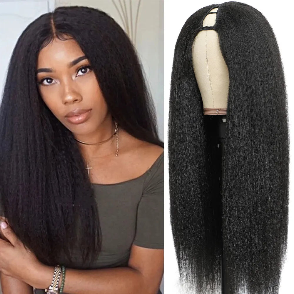 Kinky Straight U Part Wig 10-30 Inch V Part Yaki Straight Synthetic Hair Wig For Women Daily Use Glueless Full Machine Made Wigs