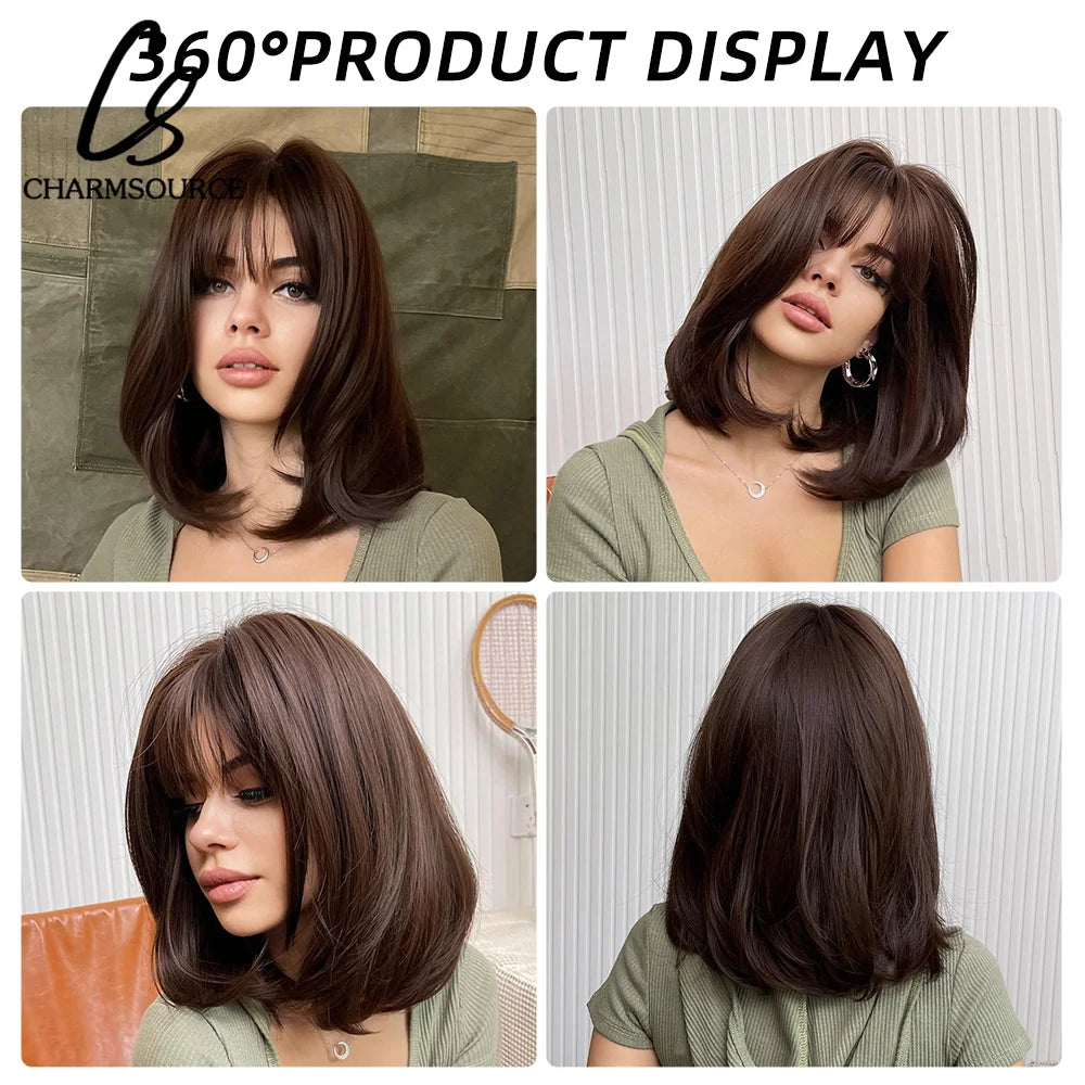 Short Medium Bob Wig Natural Wavy Hair with Bangs Dark Brown Synthetic Wigs For Women Daily Party High Temperature Fiber