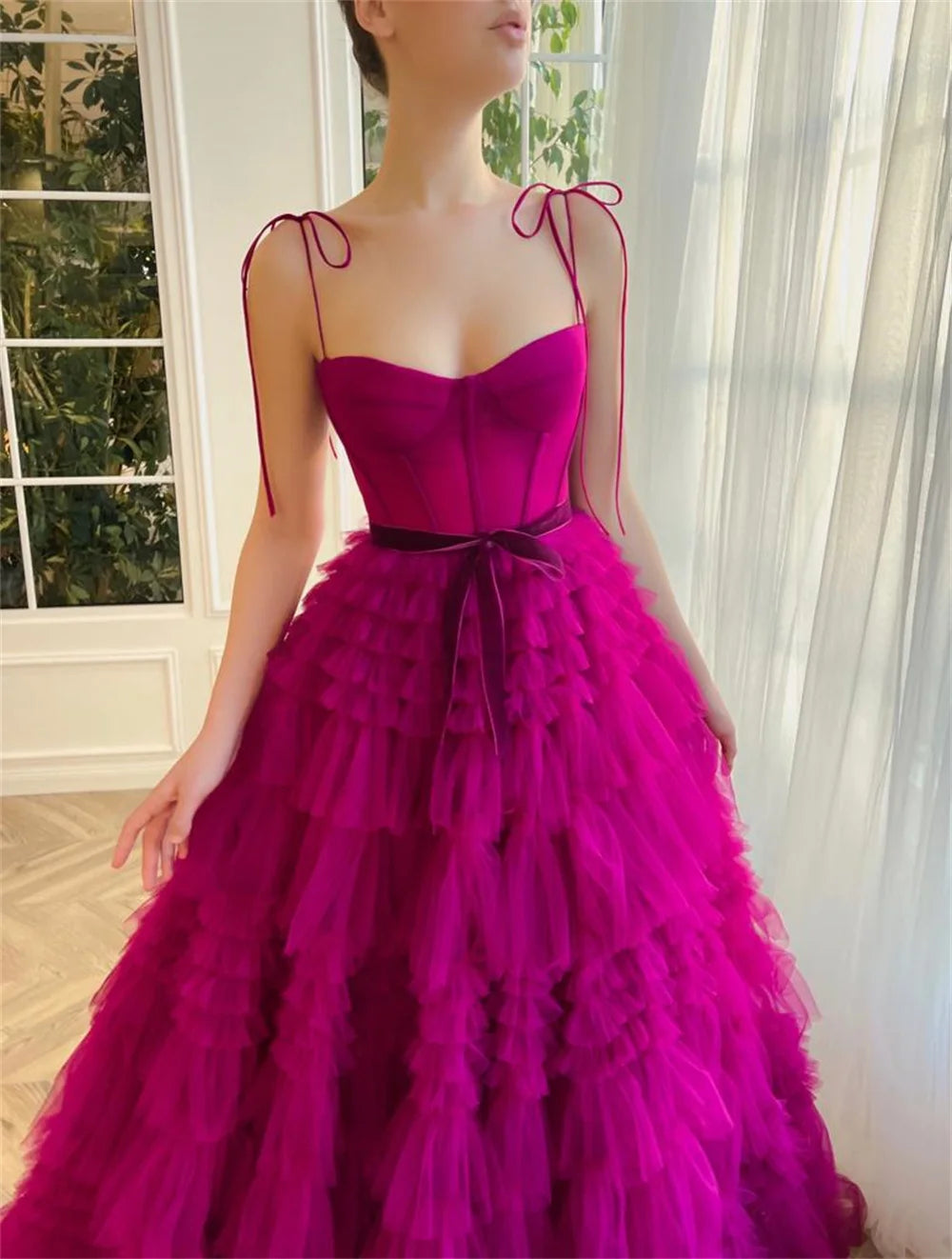 Sansa Sexy Spaghetti Strap Fuchsia فساتين السهرة Multilayer Tulle A-line Prom Dress Princess Puffy Vestidos De Noche