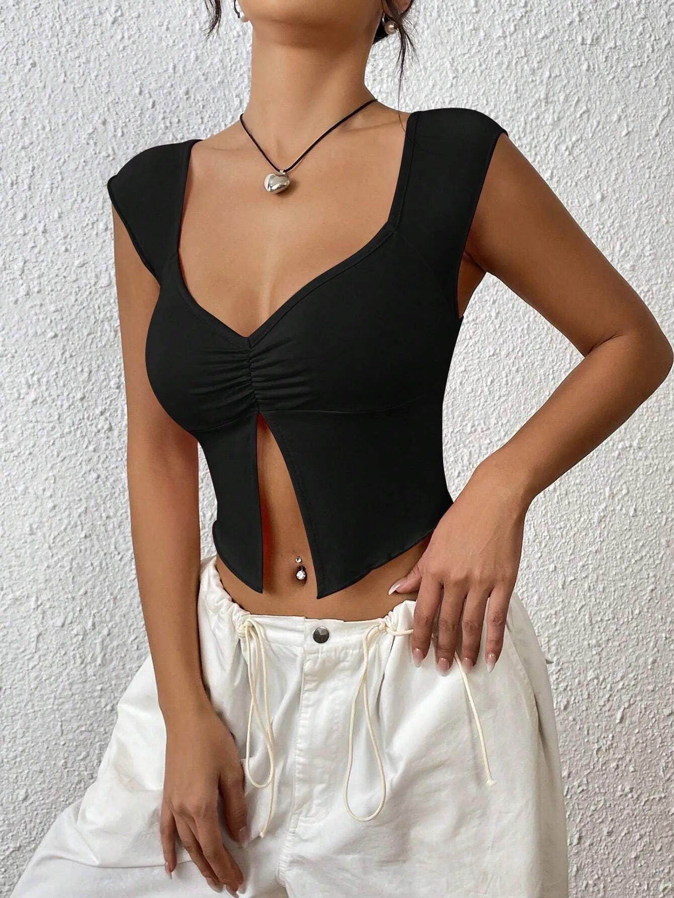 Solid Ruched Split Hem Sleeveless Crop Tee Top Women Summer 2024 Fashion Cap Sleeve Tank Top Shirt Streetwear Y2K Clothes