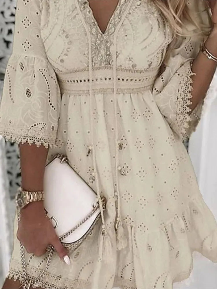 Women Elegant White Hollow Lace Mini Dress Summer V-neck Patchwork Lace Up Three Quarter Sleeve Ladies Vacation Beach Dresses