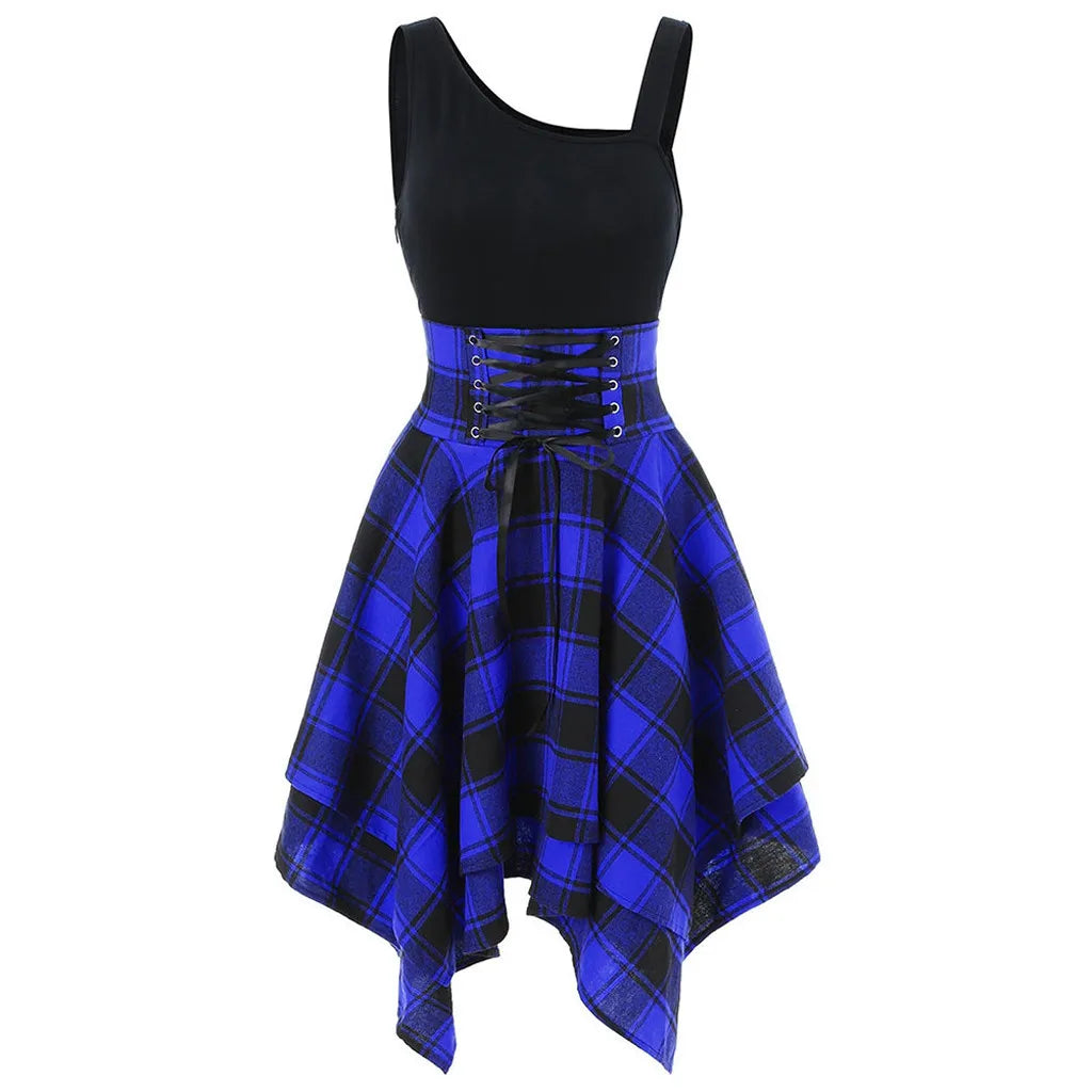 Womens Dresses Punk Gothic Plaid Patchwork Lace Up Dress Sleeveless Irregular Summer Dress Vestidos Mujer Streetwear