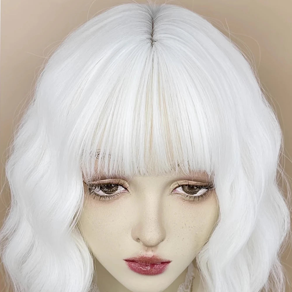 MSIWIGS Synthetic Short Women White Wavy Curly Wig with Bangs Lolita Cosplay Natural Fluffy Hair Wig for Daily Party