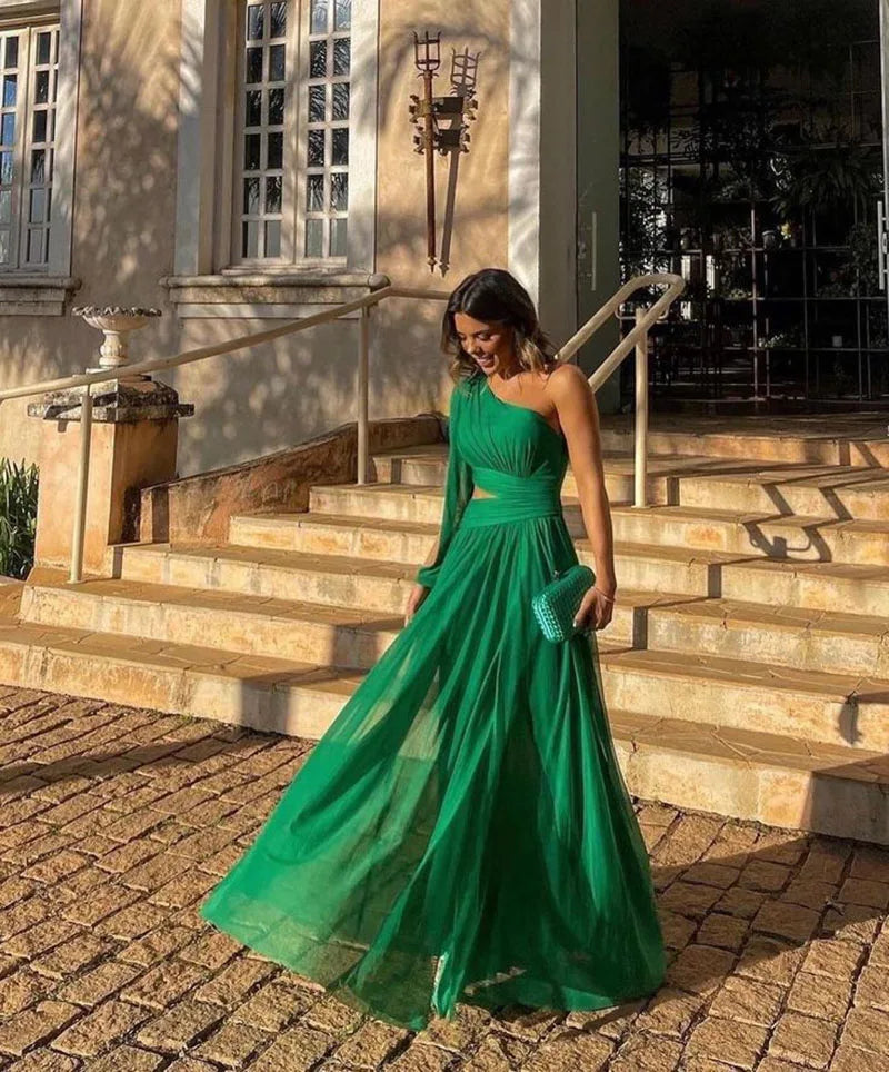 Sexy Women Green Hollow Out Party Dress Elegant One Shoulder Ribbon Ruffle Evening Dress Fashion Female High Split Vestido Robe