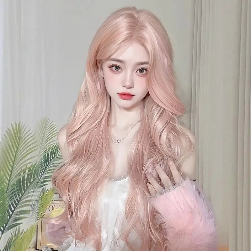 Pink Wig for Women Dense Long Wave Cospaly Lolita Wig Nature Synthetic Wigs with Bangs Fake Hair High Temperature 가발