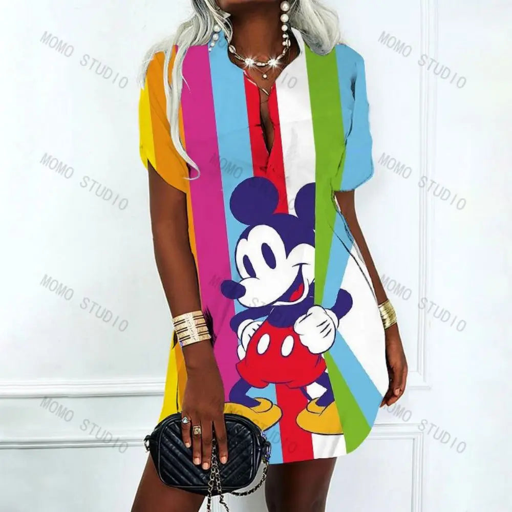 Korean Fashion Minnie Mouse Elegant Dresses for Women Disney Polo Shirts Dress Mickey Summer Dresses Woman 2023 Offer Y2k V-Neck