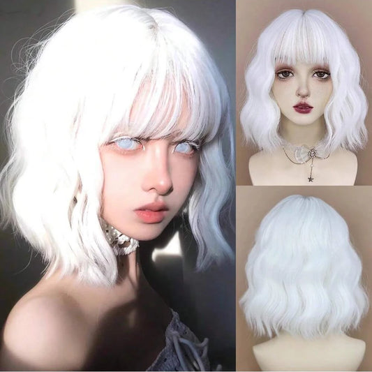 MSIWIGS Synthetic Short Women White Wavy Curly Wig with Bangs Lolita Cosplay Natural Fluffy Hair Wig for Daily Party