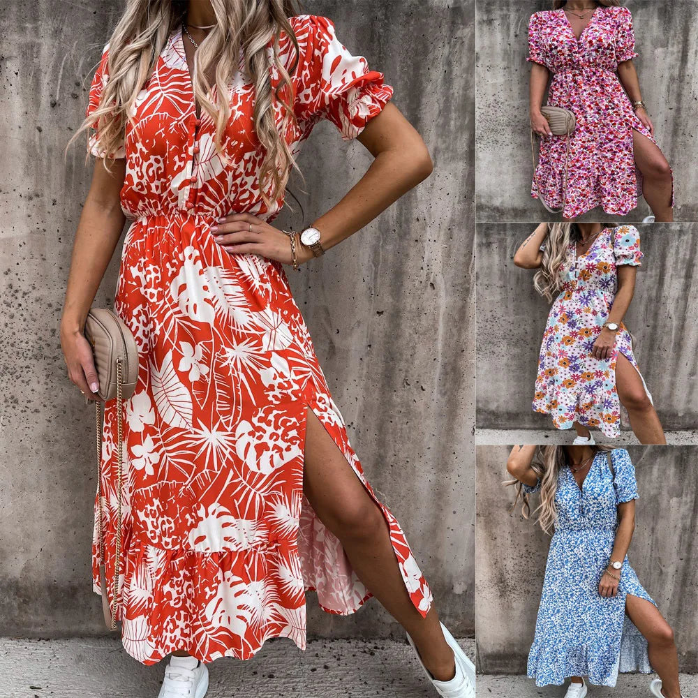 Summer Floral Print Dress Women V Neck Side Slit Long Dress Elegant Short Sleeve Button Slim Spring Female Party Dress Vestidos