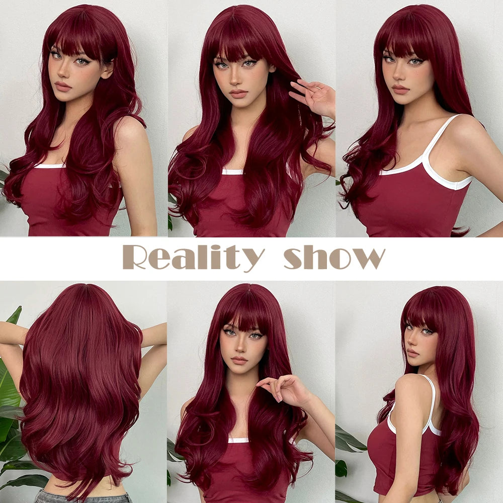 HENRY MARGU Burgundy Long Wavy Wigs Wine Red Wig with Bangs for Women Daily Synthetic Hair Cosplay Wig Heat Resistant Fiber