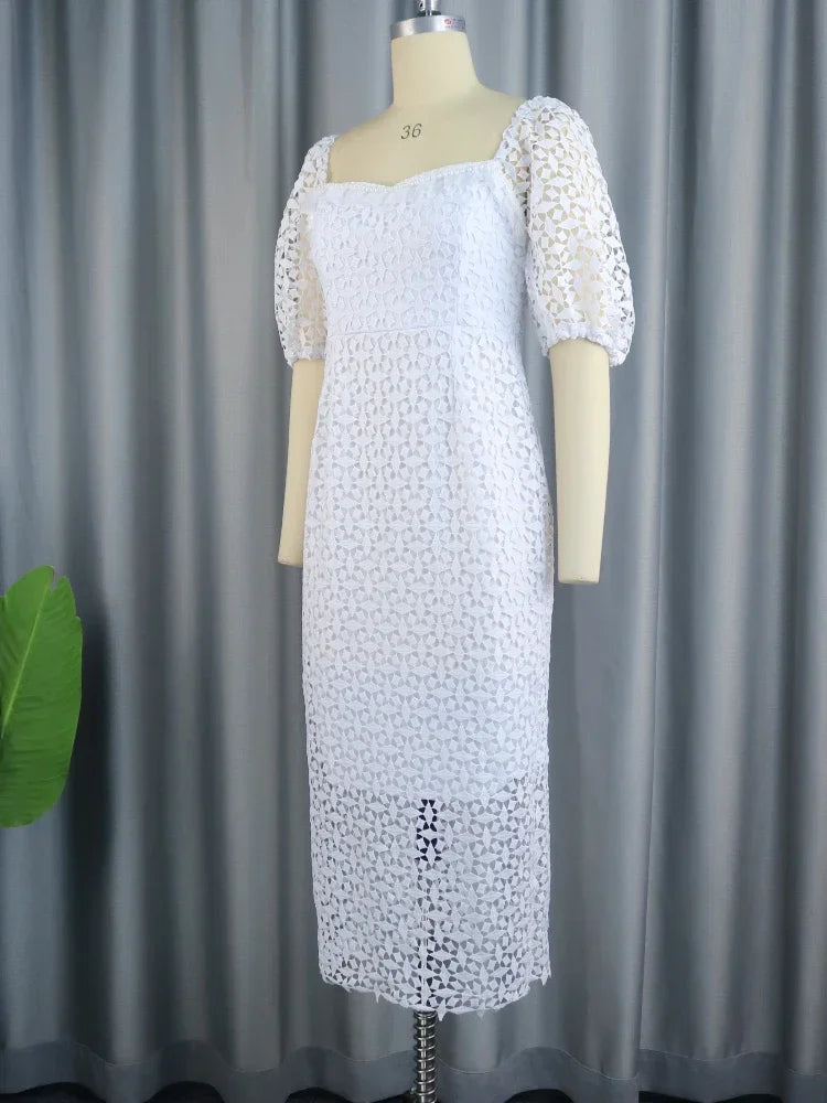 Women's Vintage White Lace Dress Chic Square Neck Puff Sleeve Summer Elegant Wedding Guest Cocktial Birthday Clothes XXXL