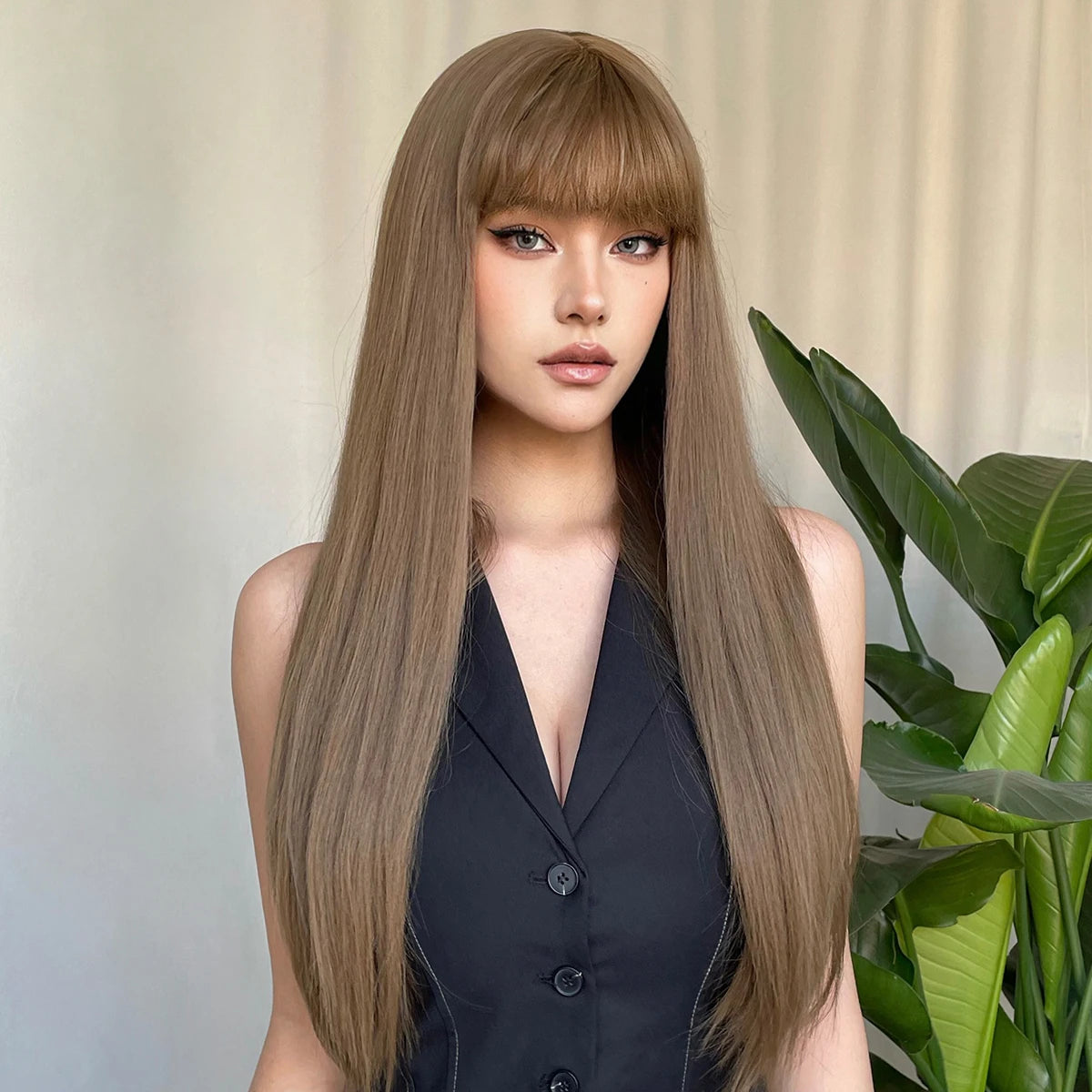 Long Straight Synthetic Wigs Light Brown Hair with Bangs Natural Brown Wig for White Women Heat Resistant Daily Party Cosplay