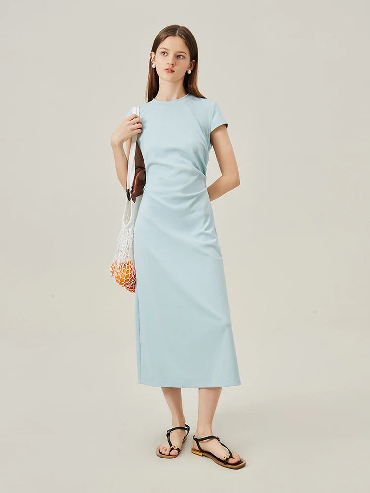 FSLE T-Shirt Dress Short Sleeve Long Spilt Grey Sleeveless Dresses Pleated A-LINE Dress 24FS12440+24FS12883