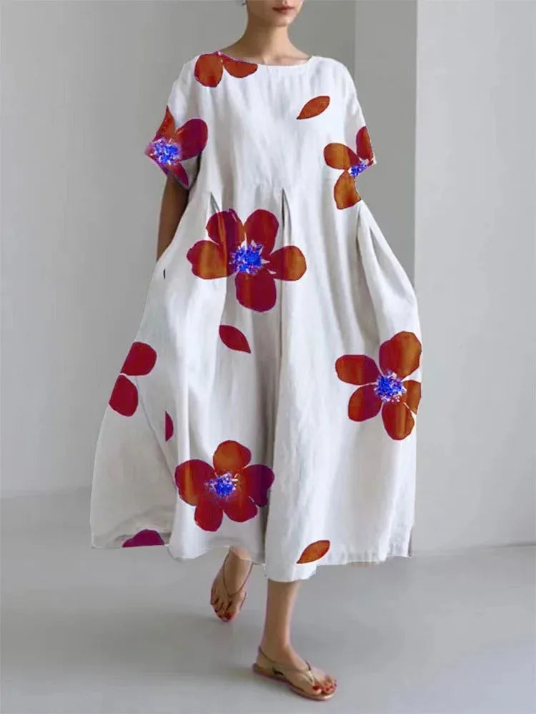 Fashion Lady Short Sleeve Big Swing Loose Maxi Dress 2024 Summer Women Flower Printing Pocket Dress O Neck Party Dress Robe