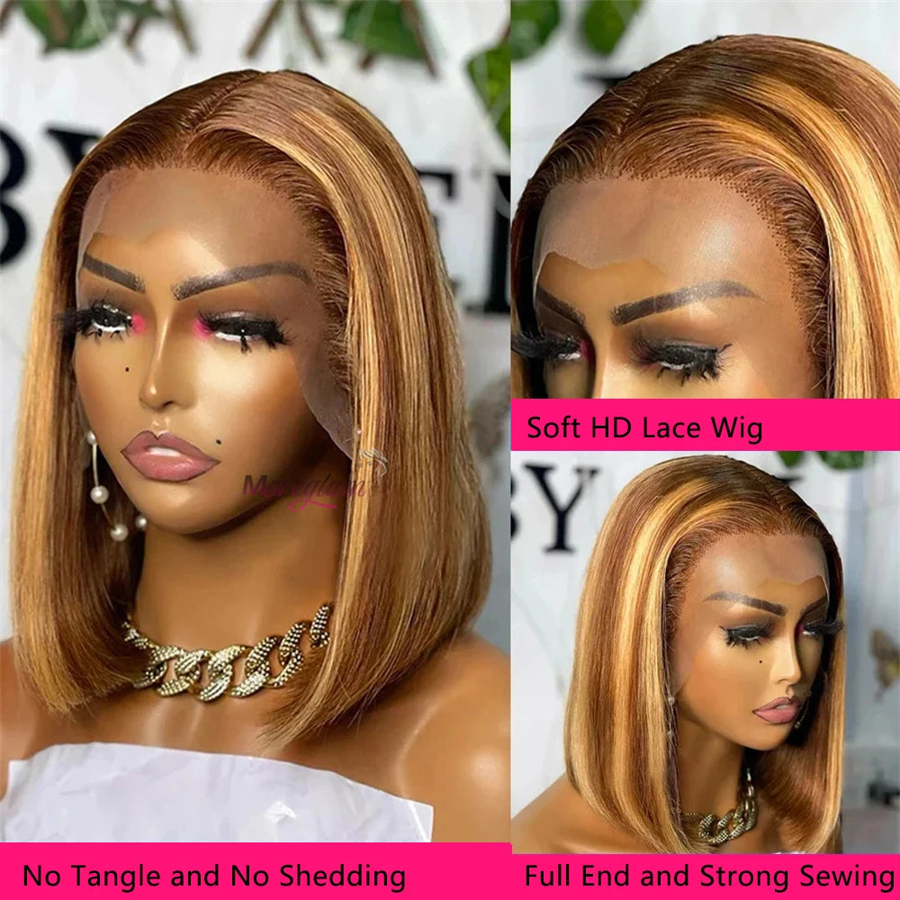 Glueless Human Hair Highlight Edges Brown Straight Short Bob Wig 5x5 Lace Front Wigs Preplucked Lace Closure Wig