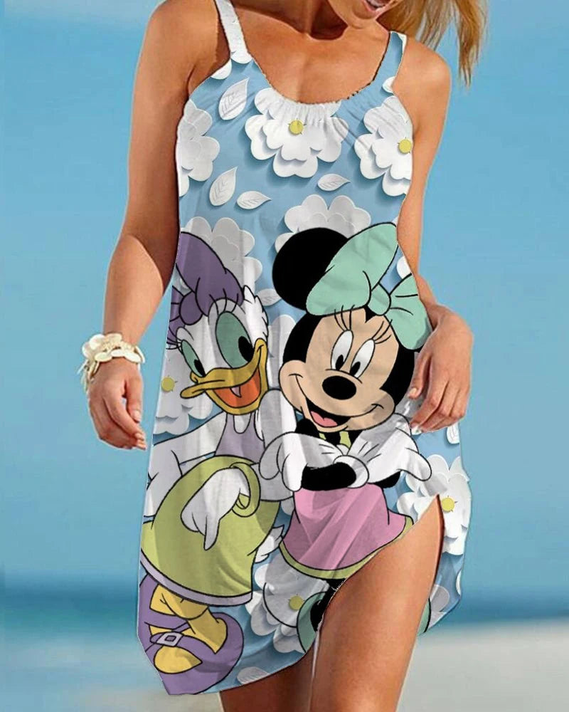 Disney Minnie Cartoon Print Boho Dress for Women Fashion V Neck Sleeveless Dresses Summer Hem Loose Beach Dress Elegant Dress