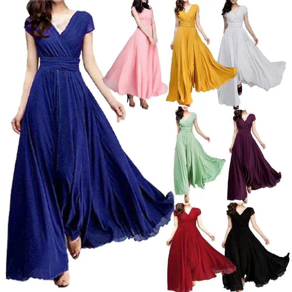 Women'S Deep V Neck Solid Color Dress Elegant Party Dresses For Women Short Sleeves Chiffon High Waist Closing Long Dresses