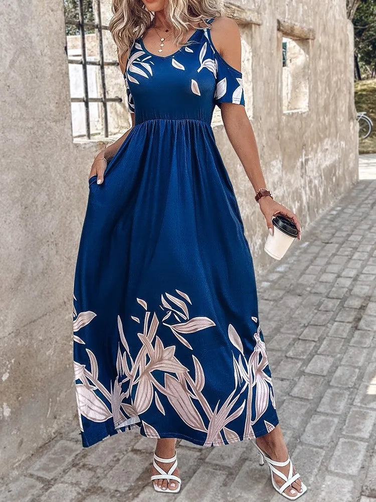 Summer Women Print Dress Fashion Sexy V Neck Short Sleeve Off Shoulder Casual Elegant Maxi Dresses Female Clubwear Casual Dress