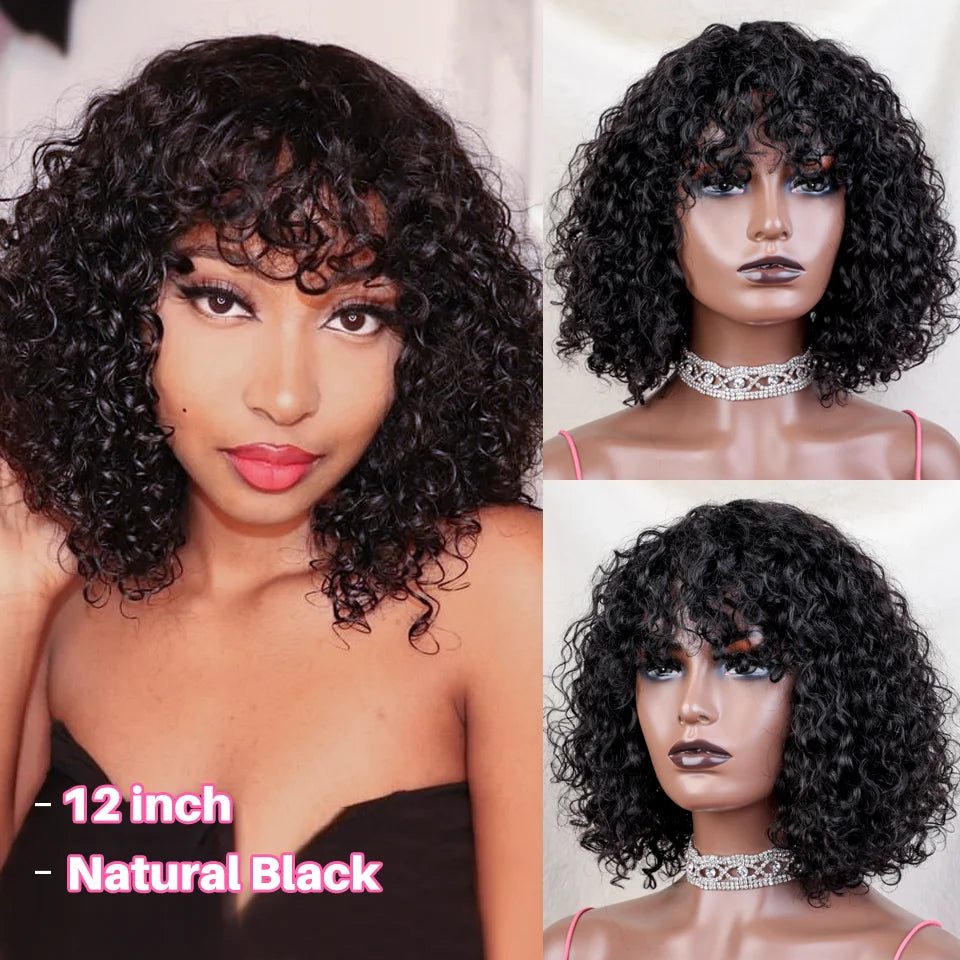 Brown color Short Pixie Curly Bob Cut Human Hair Wigs With Bangs Weat to go Jerry Curly Wig Highlight Colored Wigs For Women