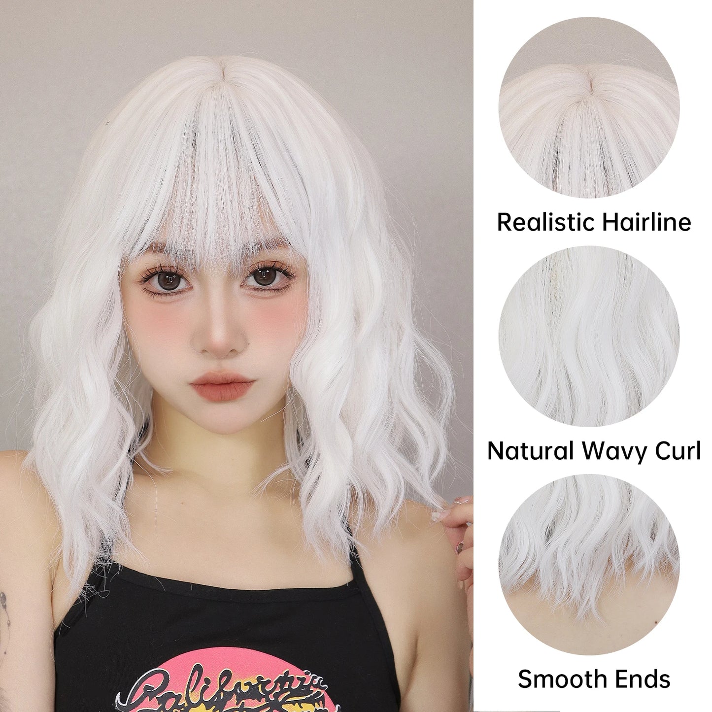 Short Wavy Soft Wigs with Bangs Daily White Colorful Synthetic Hair for Women Natural Cosplay Party Wigs High Temperature Fiber