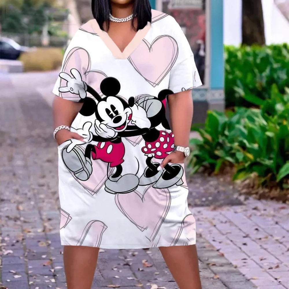 Disney Plus Size Midi Dress Long Sleeve Robe Casual Minnie Mickey Mouse Print Beach Loose Dresses Kawaii Sundress Women Clothing