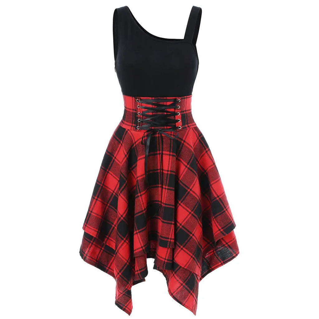 Womens Dresses Punk Gothic Plaid Patchwork Lace Up Dress Sleeveless Irregular Summer Dress Vestidos Mujer Streetwear