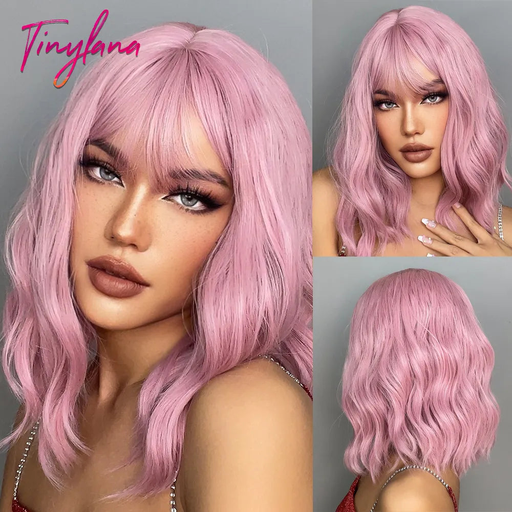 Light Pink Short Wavy Synthetic Hair Wigs with Bangs Cosplay Natural Shoulder Length Bob Wig For Women Afro Heat Resistant Fiber