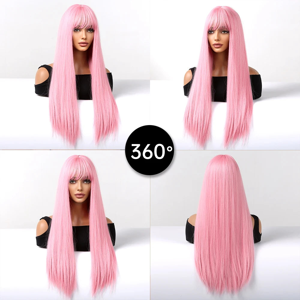 Light Pink Long Straight Synthetic Wigs with Bangs Cosplay Halloween Lolita Colorful Wig for Women Afro Natural Heat Resistant