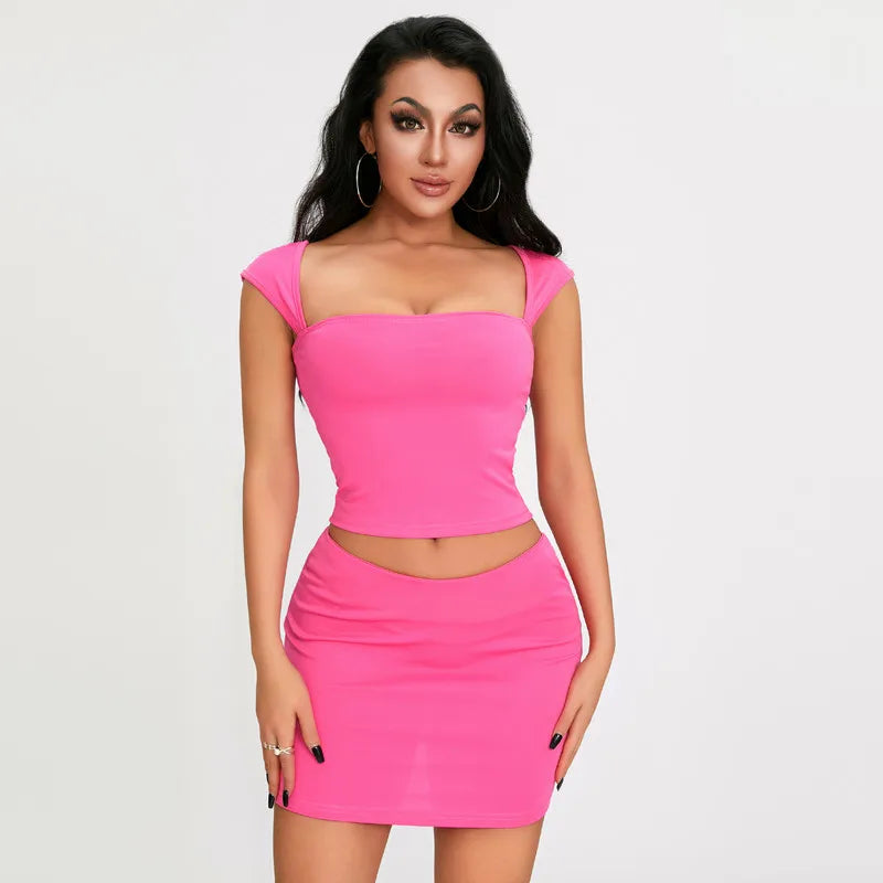 WPNAKS Women Slim 2 Piece Skirts Sets Summer Clothes Solid Color Backless Short Sleeve T-shirt and Elastic Mini Skirt Sexy Club