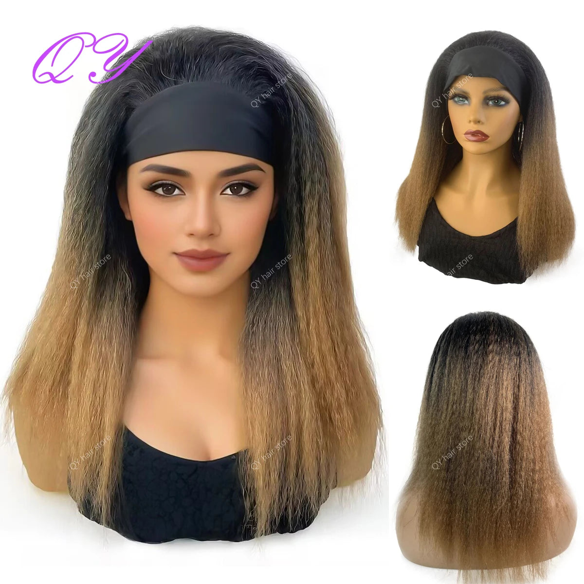 Synthetic Wig African Women Yaki Straight Headband Wigs Black Medium Length Hairstyle Women's Wig Daily Ladies Turban Wig