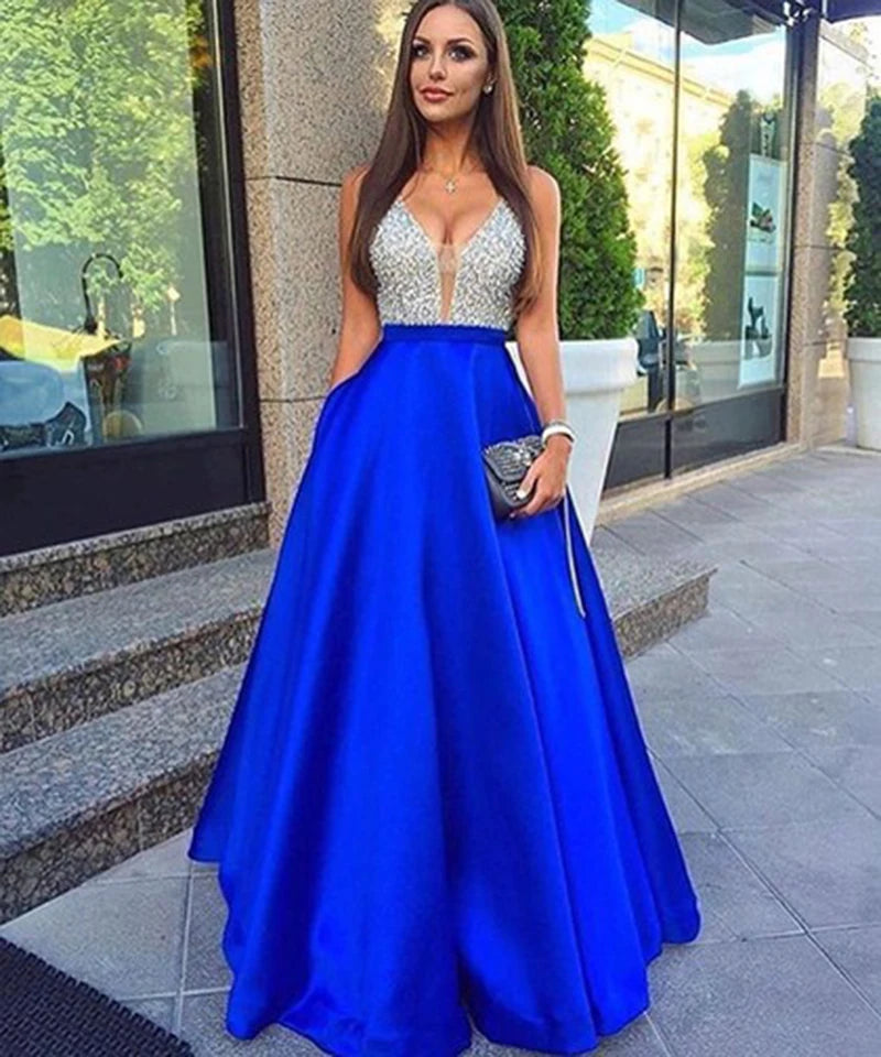 Elegant Women Squins Floor Length Evening Dresses Sexy Deep V Neck Prom Dresses Luxury Patchwork Plus Size Party Robe De Soiree