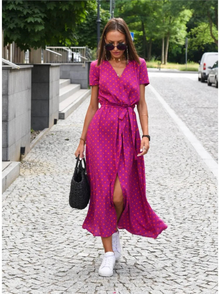 Women Floral Print Long Dresses Summer Sexy V Neck Split Lace-up Dress Female Casual Elegant Short Sleeve Beach Dress Vestidos