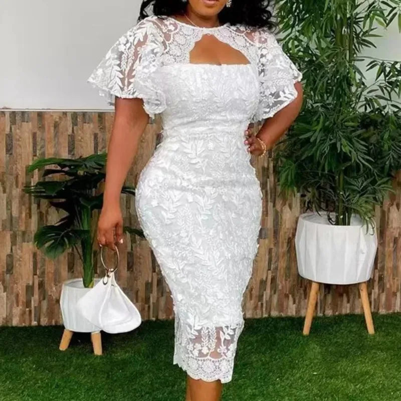 Elegant Party White Long Dress Temperature Fit Lace Round Neck Open Solid Color Chest Slim Sexy  African Fashion Maxi Dress