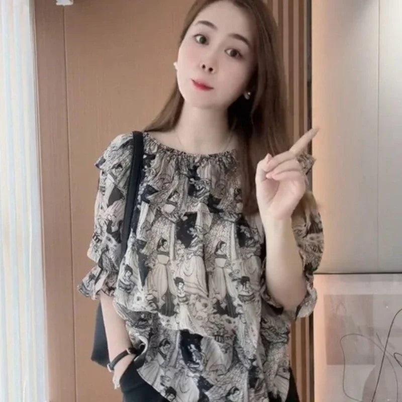 Shirts & Blouses for Women Chiffon Woman Top with Short Sleeve Summer Korean Reviews Clothes Cute and Elegant Aesthetic Youth M