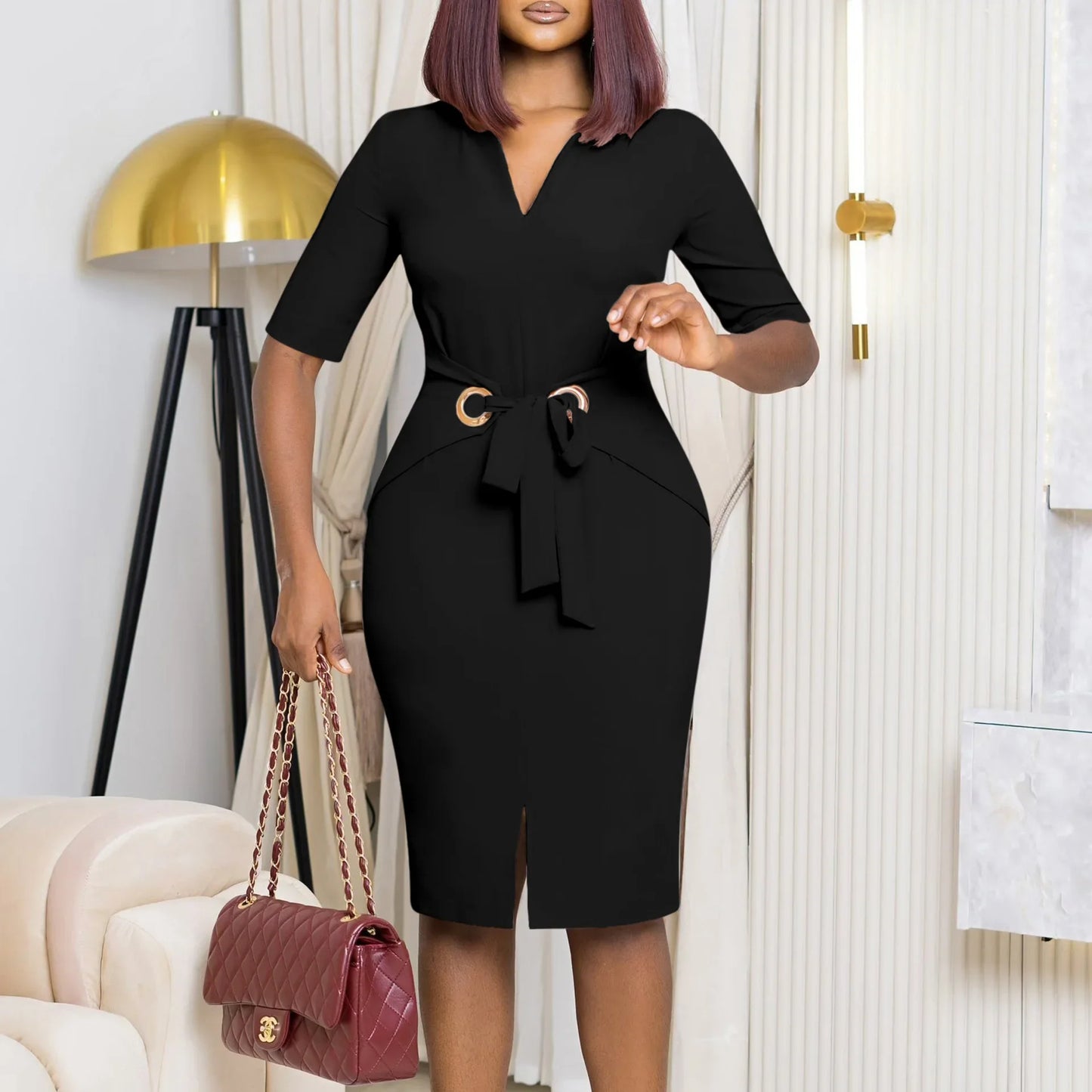 Elegant OL Commuter Pencil Dress Women Solid Color V-neck Half Sleeve High Waist Belt Split Bodycon African Dresses Veatidos