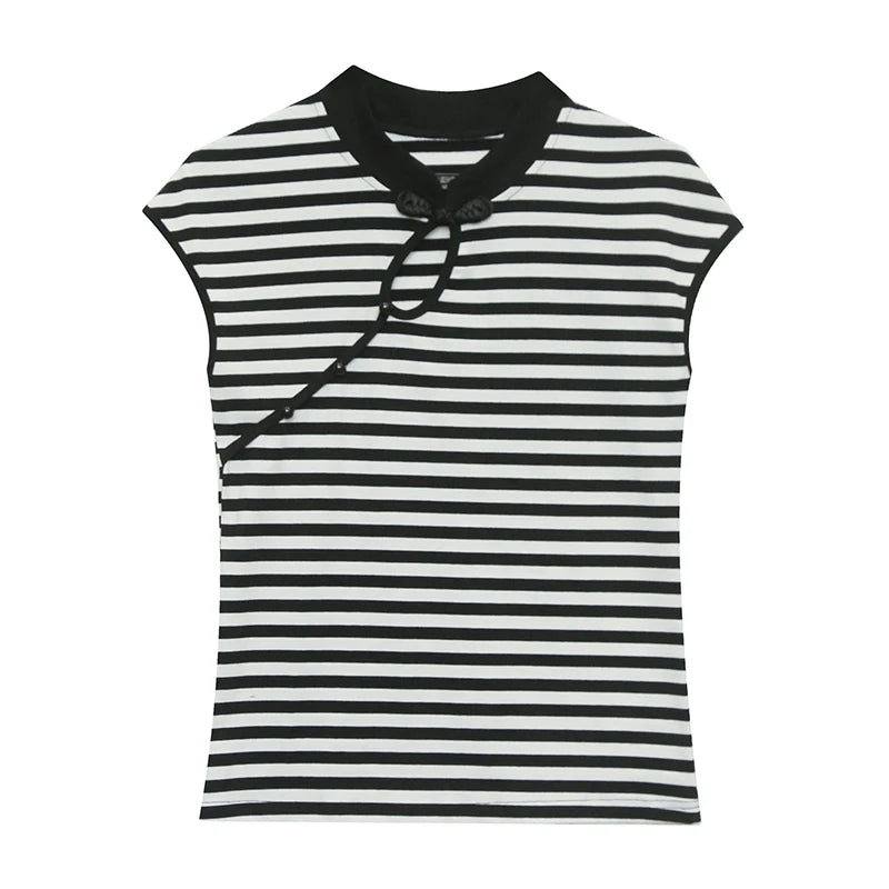 T-Shirt Fashion Sexy Hollow Out Stand Vintage Clasp Stripe Women