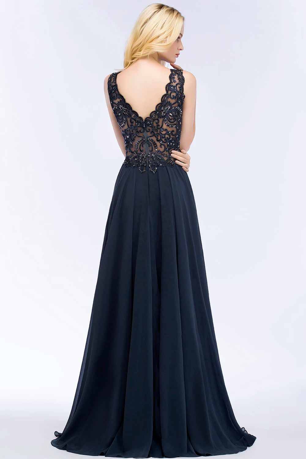 BABYONLINE Navy Blue Evening Dresses Women V Neck Lace Appliques Beaded A Line Skirt Chiffon Prom Party Bridesmaid Gowns