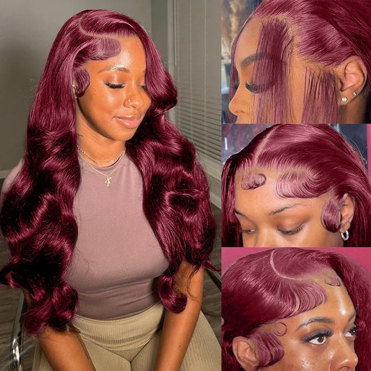 99J Burgundy 13x6 250 Density Lace Frontal wigs Human Hair Body Wave 30 40Inch 13x4 Lace Front Wig HD Transparent Wine For Women