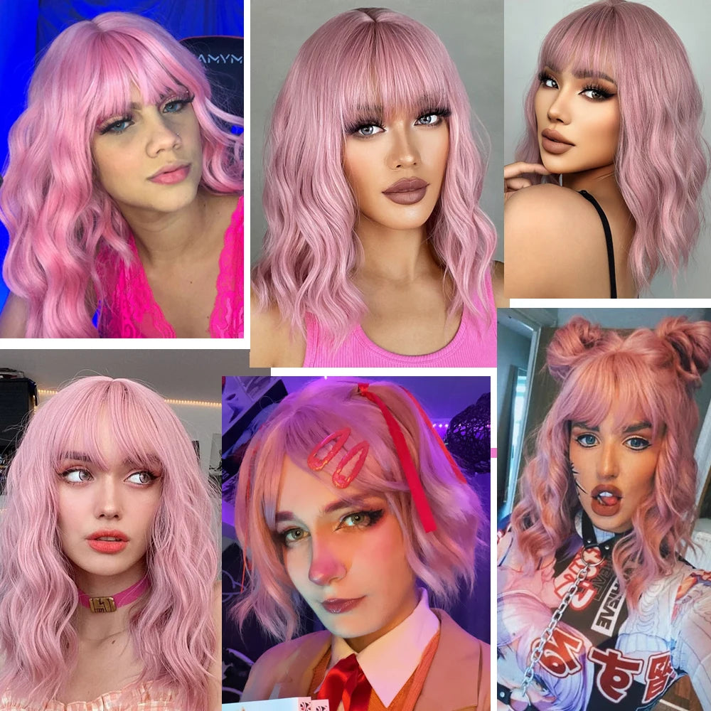 Light Pink Short Wavy Synthetic Hair Wigs with Bangs Cosplay Natural Shoulder Length Bob Wig For Women Afro Heat Resistant Fiber