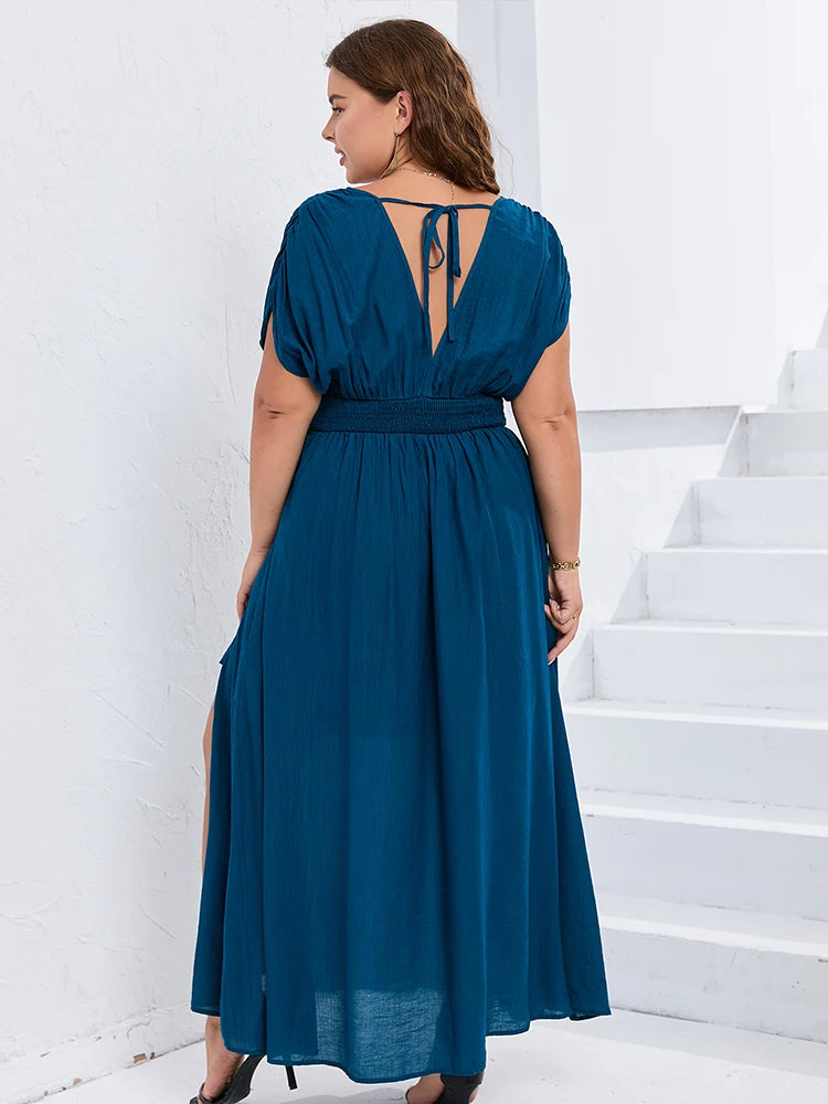 Plus Sized Clothing Fashion Batwing Sleeve Maxi Dress Pocket Casual V Neck Dress Split Ruched Tie Back Summer Elegant Dress