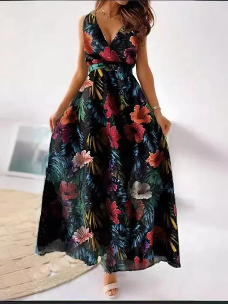 New Summer Women Dress Printed Backless Spaghetti Strap Dresses Fashion V Neck Sleeveless Casual Elegant Dresses Robe Femme