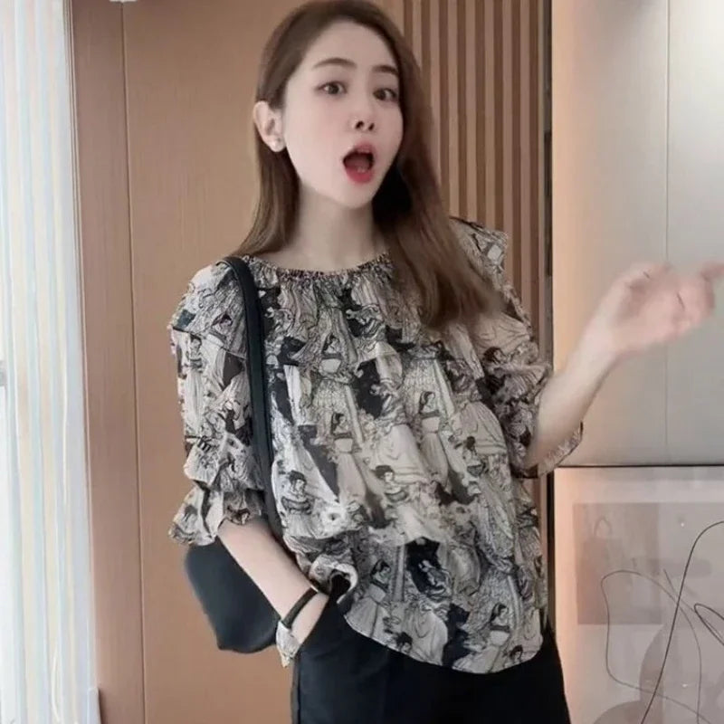 Shirts & Blouses for Women Chiffon Woman Top with Short Sleeve Summer Korean Reviews Clothes Cute and Elegant Aesthetic Youth M